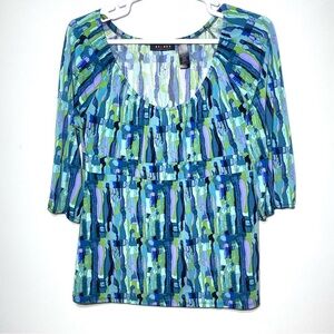 Axcess Liz Claiborne Tunic Blouse Womens L Blue Abstract Pattern 3/4 Sleeve Top